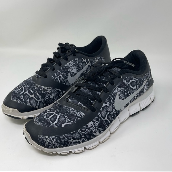 NIKE Free 5.0 V4 Black Gray Snake Print 695168-004 Running Shoes Womens - Picture 1 of 12